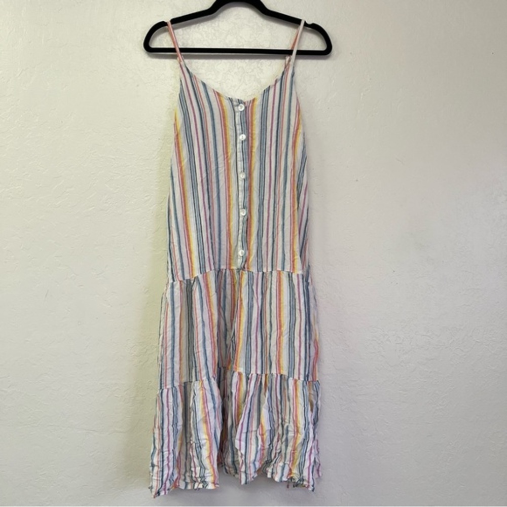 Gaby & Gracie Rayon Stripes‎ Midi Tier Sundress Adj Strap Button Front Sz M GUC